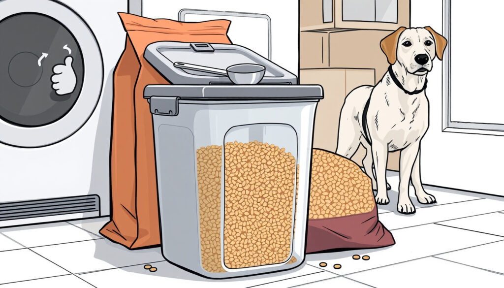 Kuivaruoan säilytysastia kannella lattialla säkkipussin vieressä, annosteluluskalla kannen päällä ja koira odottamassa taustalla.