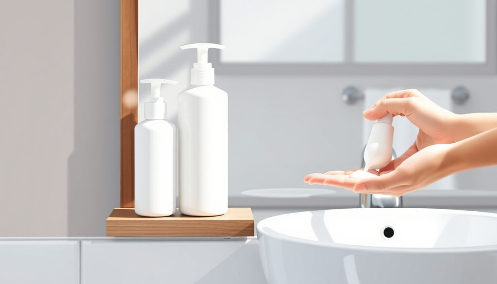 Kylpyhuoneen lavuaarilla seisoo kaksi shampoo-pulloa, ja henkilö kaataa shampoota kämmenelle hiustenpesua varten.