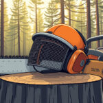 Metsurin suojakypärä verkkovisiirillä ja kuulonsuojaimilla sahapöllön vieressä metsässä aamun valossa