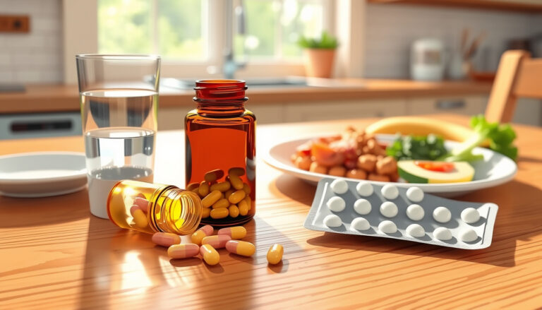 Aamiaisellä varustettu pöytä, jolla on useita merkittömiä B12-vitamiinipurkkeja, tablettine seja ja lasillinen vettä.